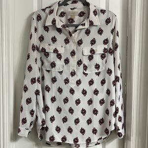 LOFT White Shirt with Red Floral Design Size Large